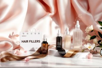 ампулы и сыворотки для волос на мраморе, пряди разных типов