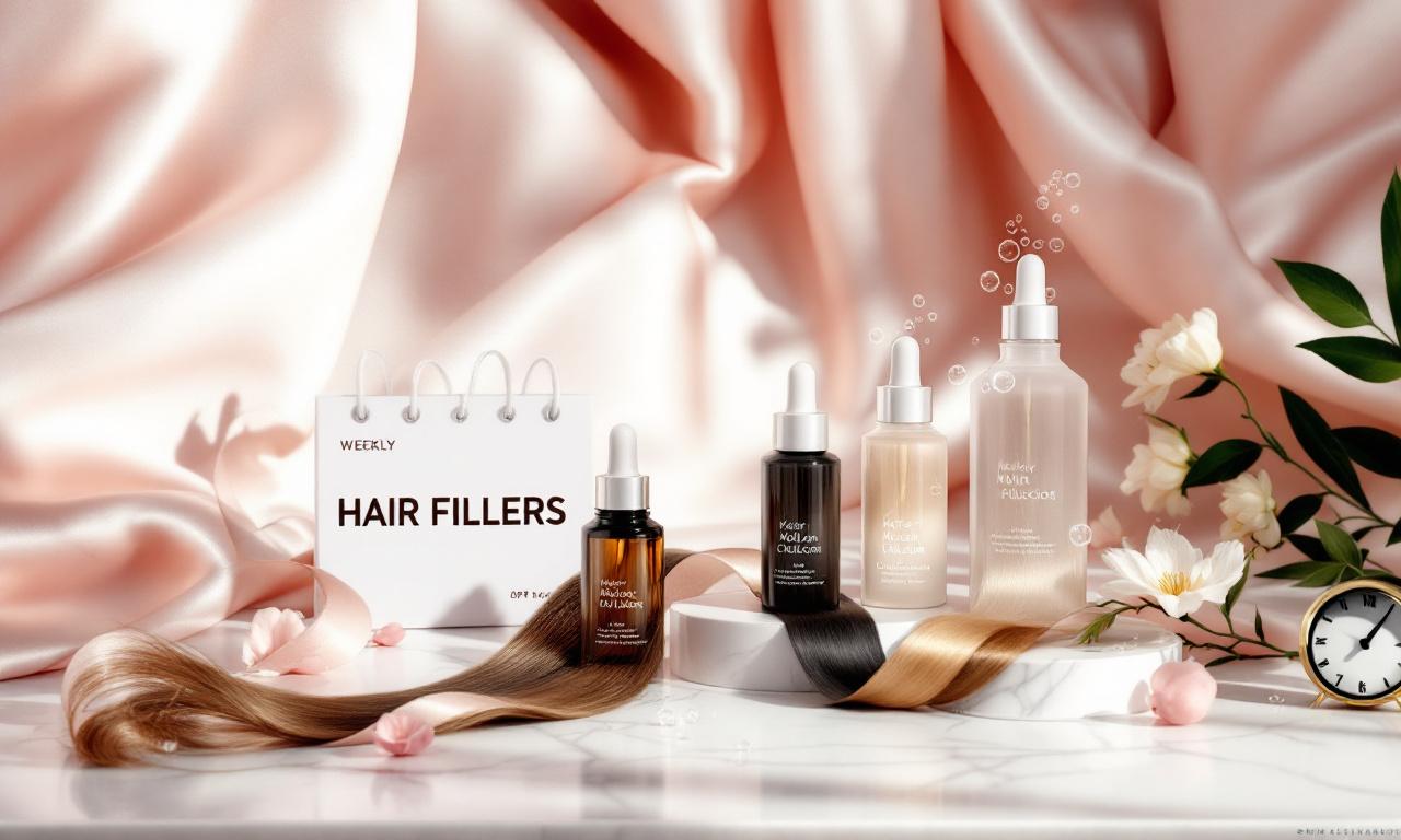 ампулы и сыворотки для волос на мраморе, пряди разных типов