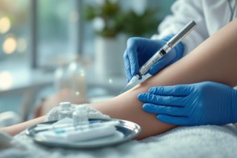 Мезотерапия внутренней стороны руки в современной клинике 2025 года, крупный план с инжектором и мягким светом